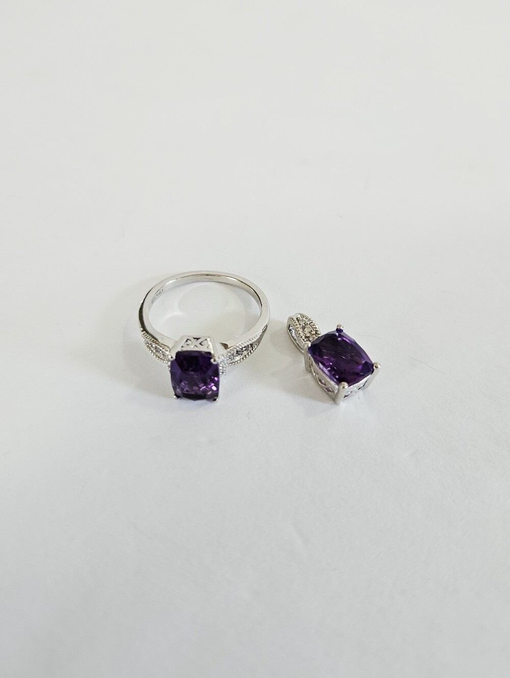 Vintage D'Joy Sterling Silver African Amethyst White Zircon 5ct Ring Pendant Set